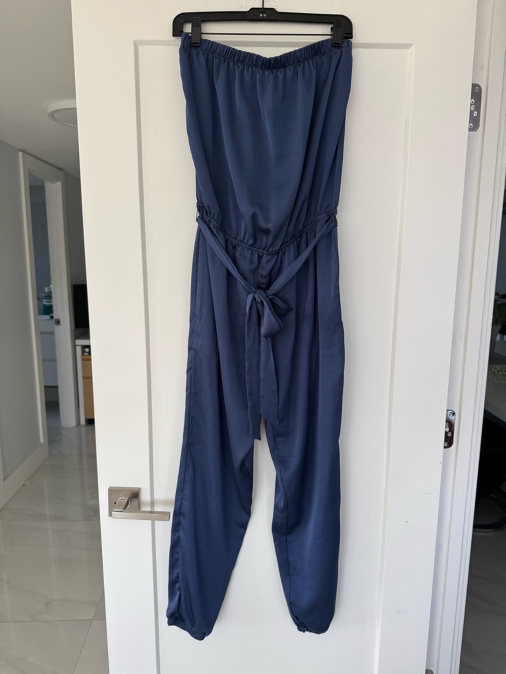 The Vanity Room Navy Strapless Jumpsuit with Tie Waist. Size L
